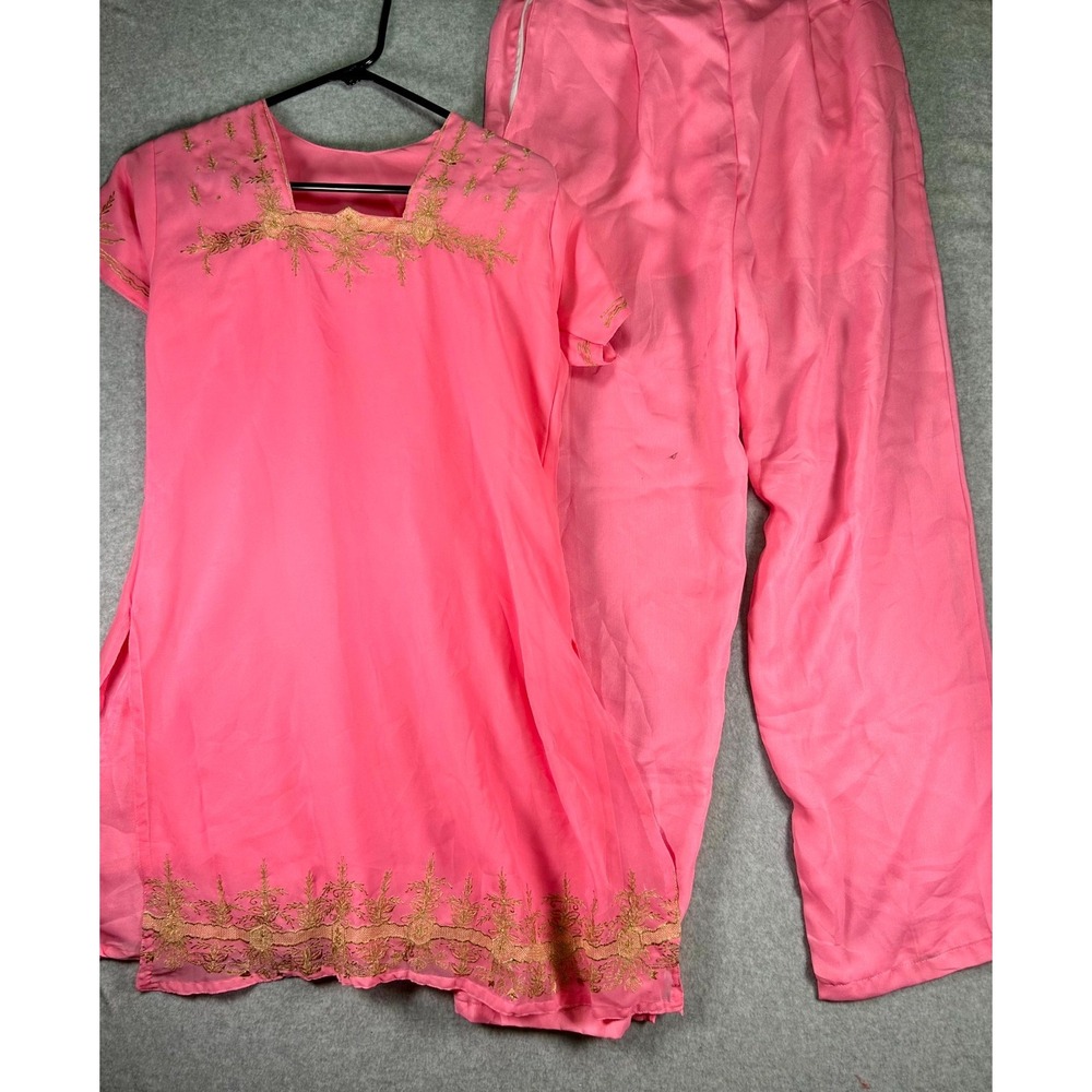 Women small 2 Piece Set Pink Satin Embroidered Floral Straight Leg Elastic Waist